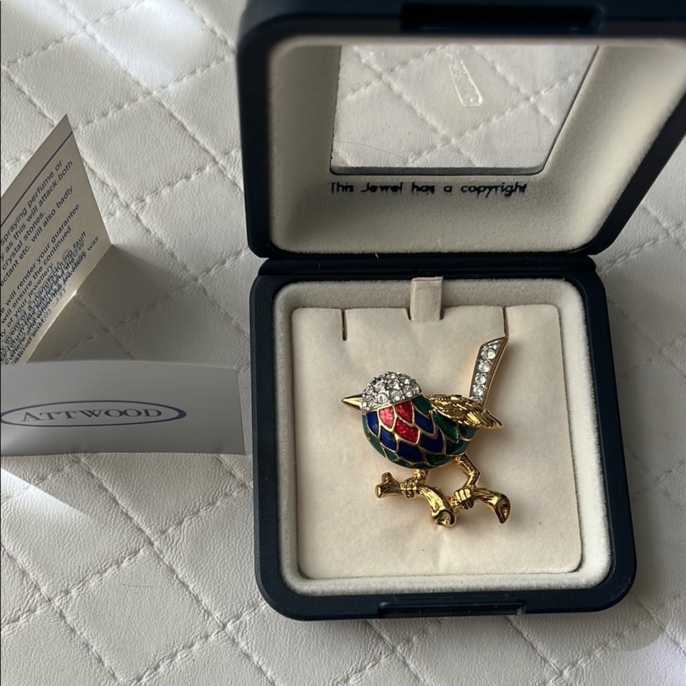 Atwood & Sawyer ltd gold plated enamel Colorful Bird Brooch with Crystals
